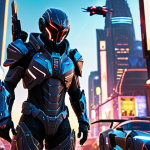 A Crossfire character wearing a limited-edition, intricately designed futuristic armor skin, standing in a neon-lit cityscape with flying vehicles in the background.