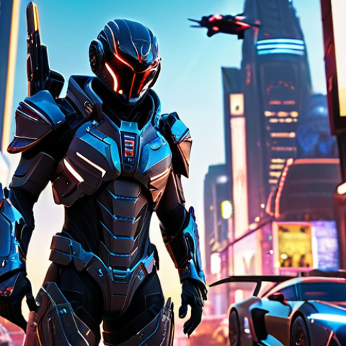 Home 6 A Crossfire character wearing a limited-edition, intricately designed futuristic armor skin, standing in a neon-lit cityscape with flying vehicles in the background.