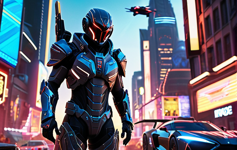 A Crossfire character wearing a limited-edition, intricately designed futuristic armor skin, standing in a neon-lit cityscape with flying vehicles in the background.
